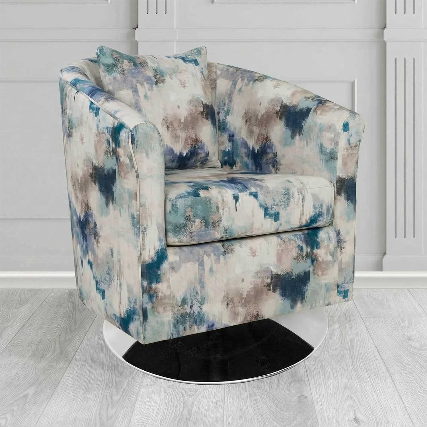 St Tropez Swivel Tub Chair in Fryett's Kala Abstract Fabric with Scatter Cushion