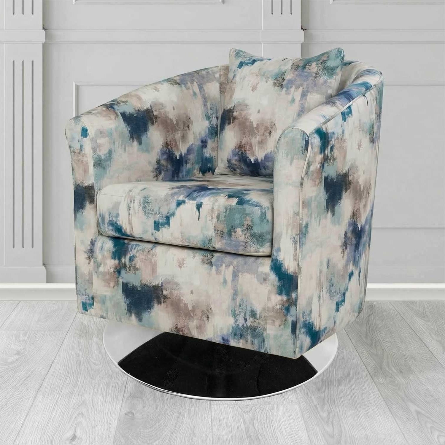 St Tropez Swivel Tub Chair in Fryett's Kala Abstract Fabric with Scatter Cushion
