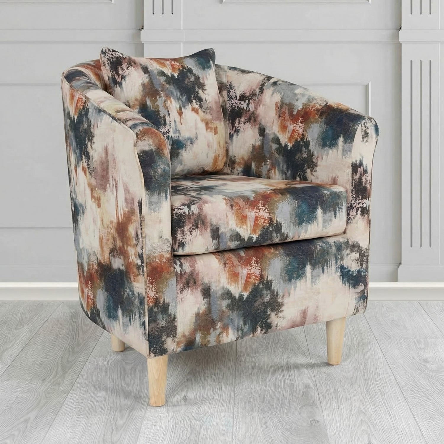 St Tropez Tub Chair in Fryett's Kala Abstract Fabric with Scatter Cushion