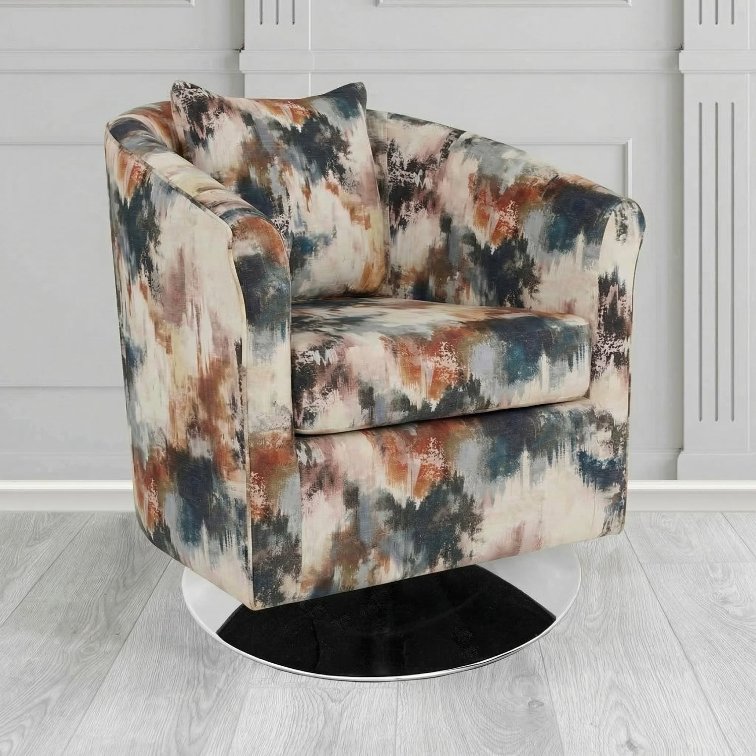 St Tropez Swivel Tub Chair in Fryett's Kala Abstract Fabric with Scatter Cushion