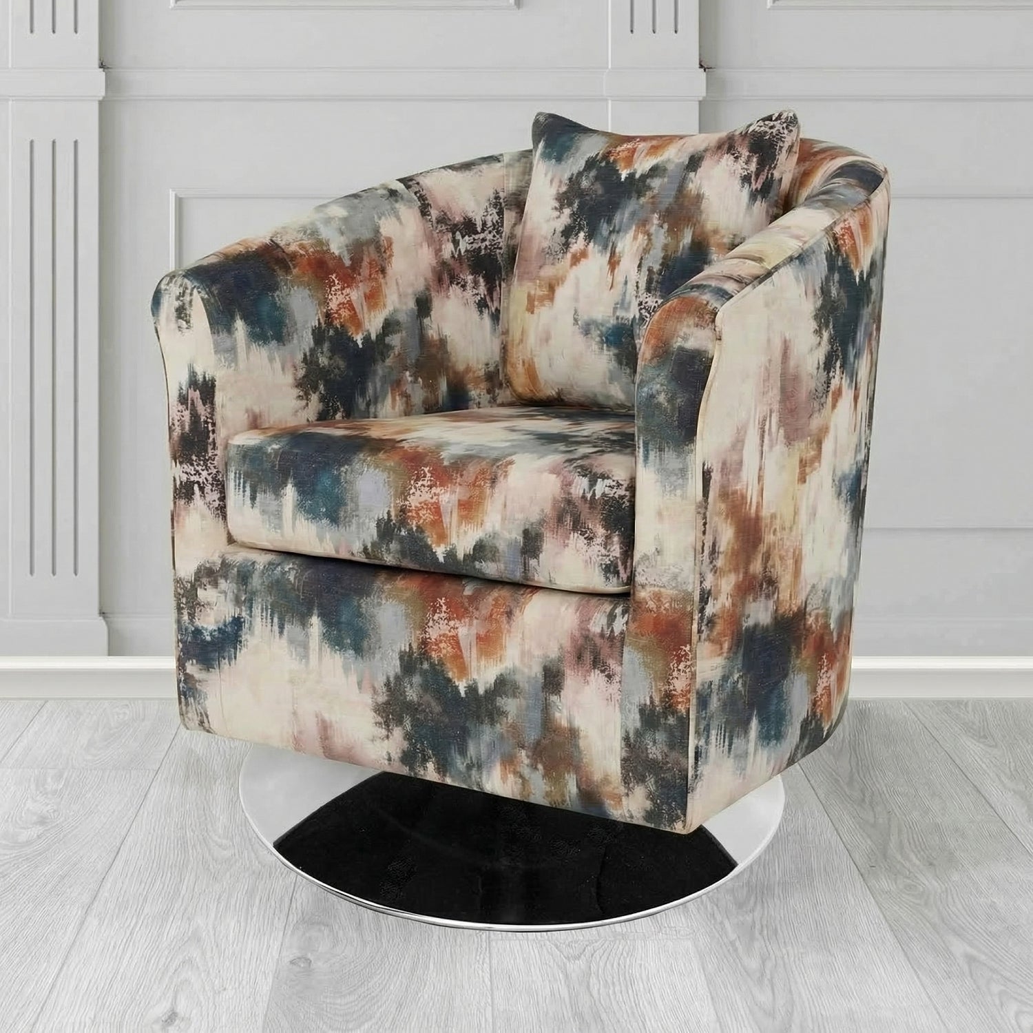 St Tropez Swivel Tub Chair in Fryett's Kala Abstract Fabric with Scatter Cushion
