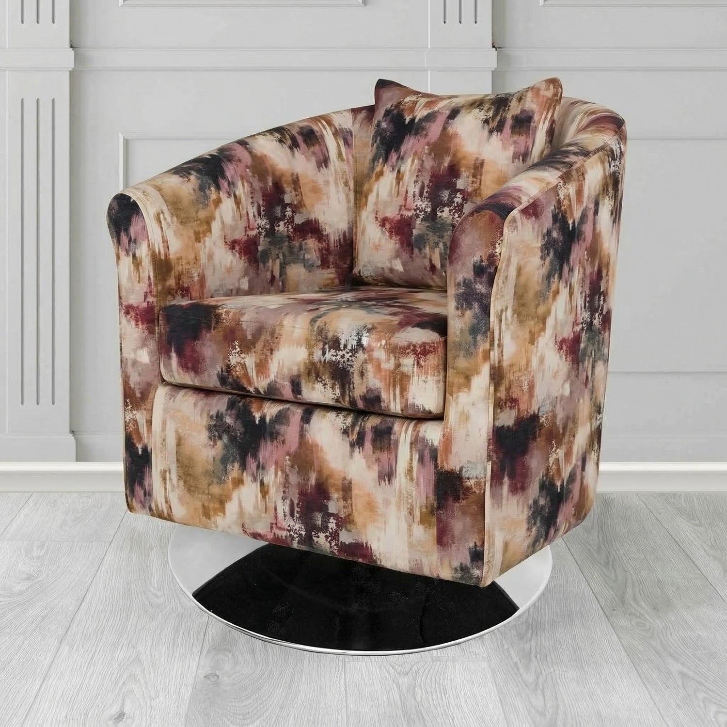 St Tropez Swivel Tub Chair in Fryett's Kala Abstract Fabric with Scatter Cushion