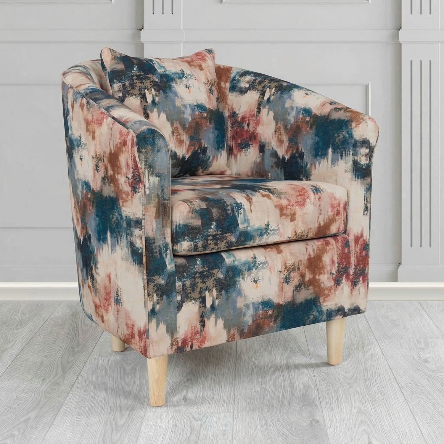 St Tropez Tub Chair in Fryett's Kala Abstract Fabric with Scatter Cushion