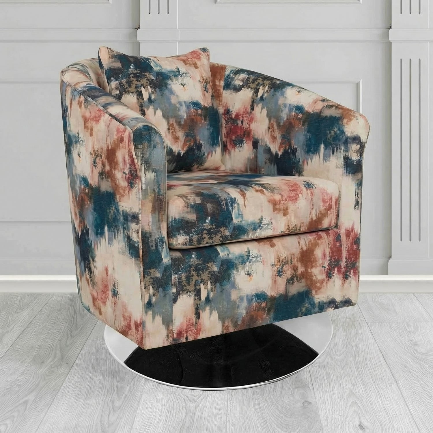 St Tropez Swivel Tub Chair in Fryett's Kala Abstract Fabric with Scatter Cushion