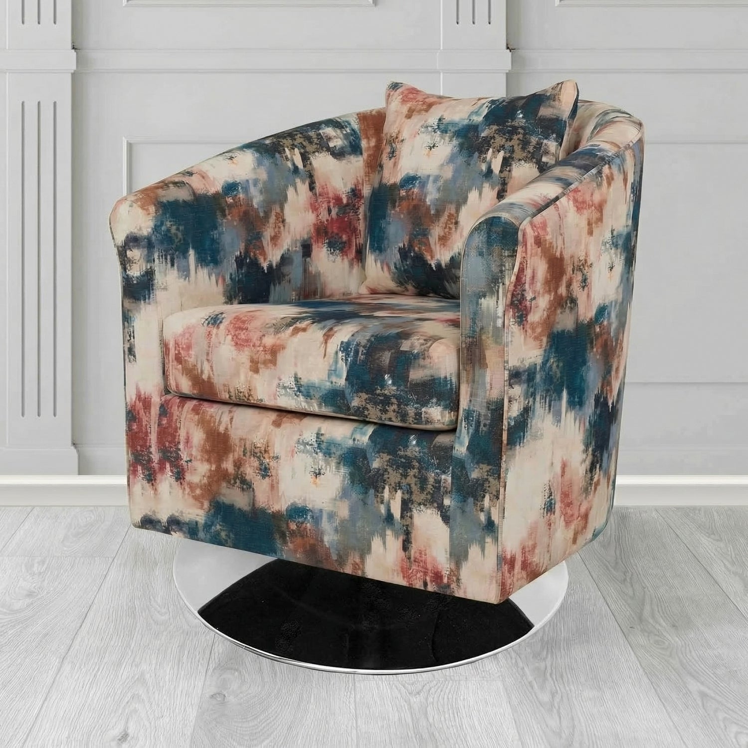 St Tropez Swivel Tub Chair in Fryett's Kala Abstract Fabric with Scatter Cushion