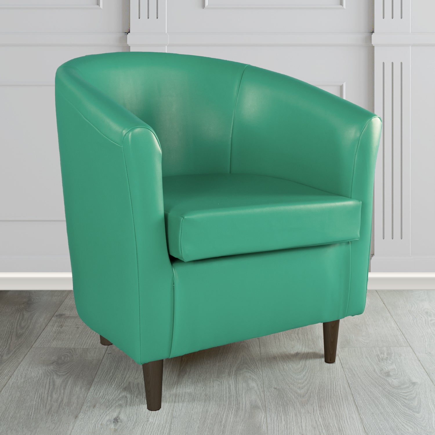 St Tropez Tub Chair in Chieftain Fabrics Just Colour Crib 5 Faux Leather with Dark Wood Legs