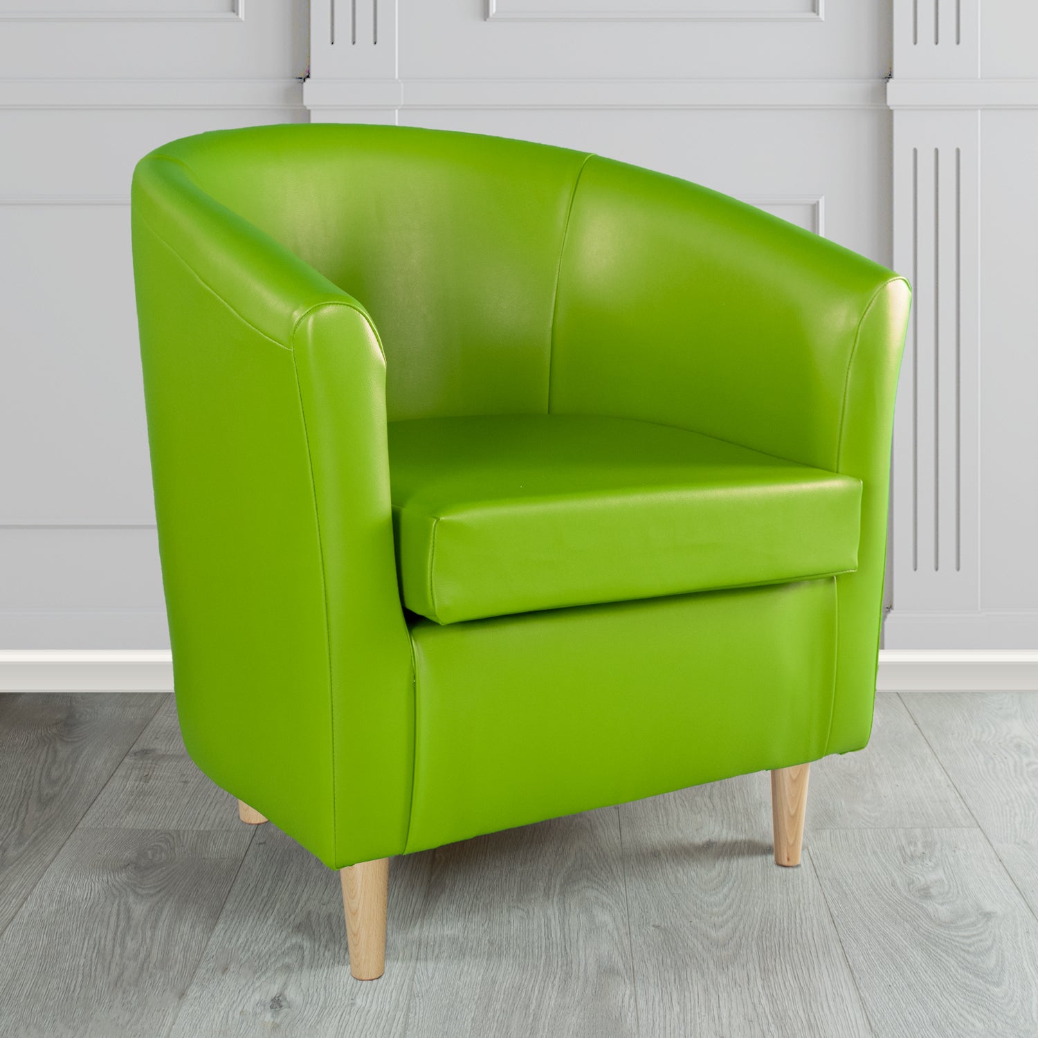 St Tropez Tub Chair in Chieftain Fabrics Just Colour Crib 5 Faux Leather with Light Wood Legs