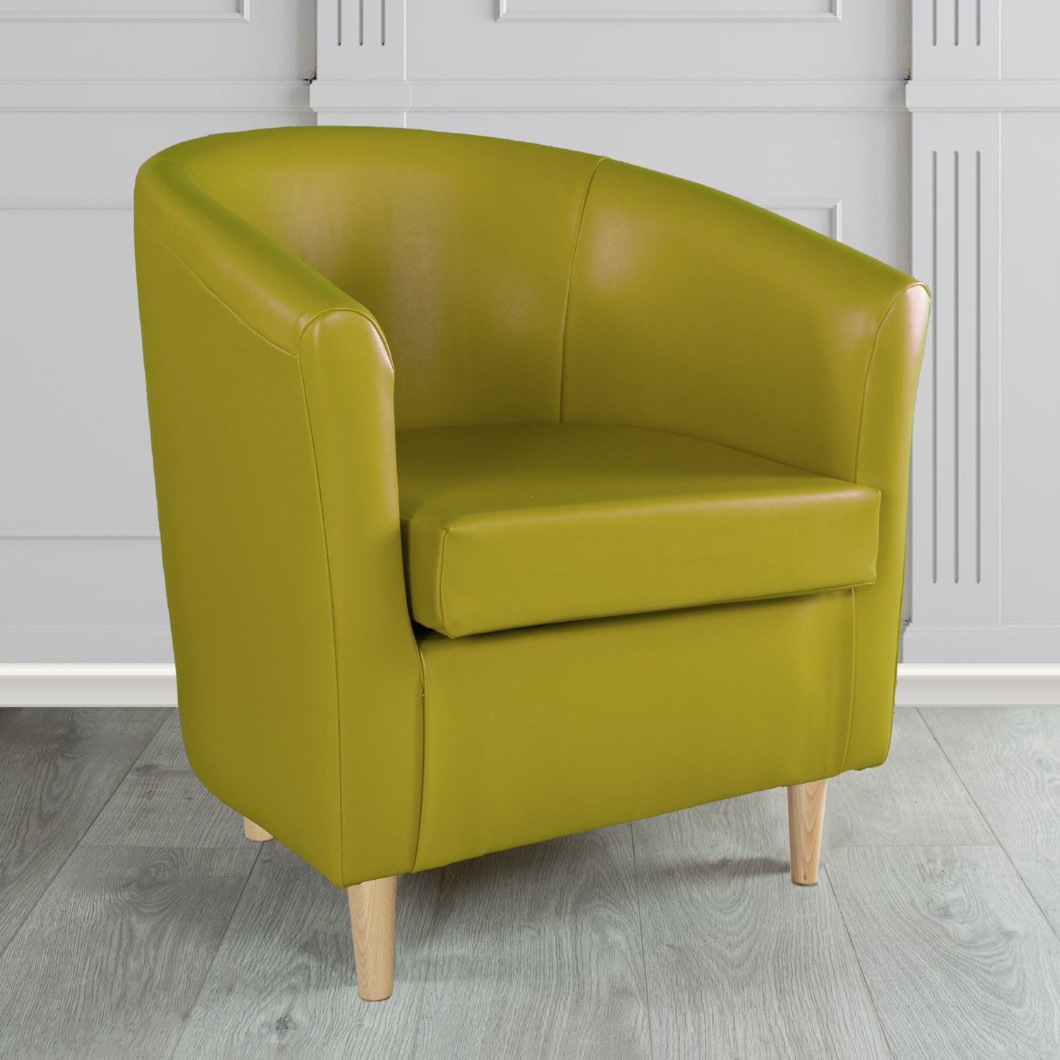 St Tropez Tub Chair in Chieftain Fabrics Just Colour Crib 5 Faux Leather with Light Wood Legs