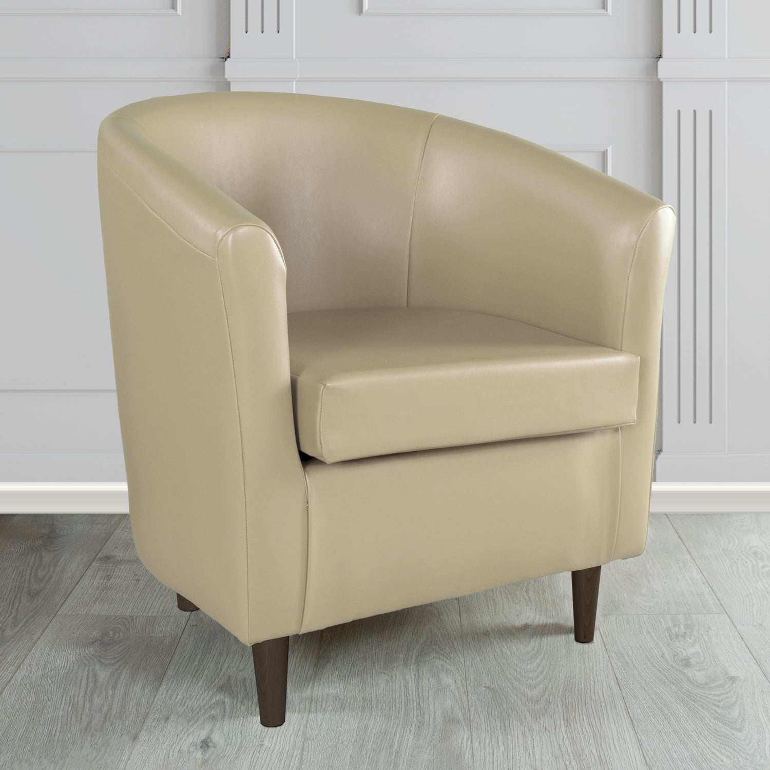 St Tropez Tub Chair in Chieftain Fabrics Just Colour Crib 5 Faux Leather with Dark Wood Legs