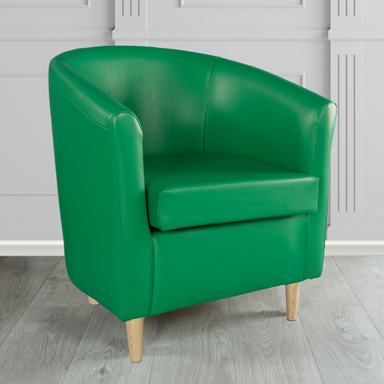 St Tropez Tub Chair in Chieftain Fabrics Just Colour Crib 5 Faux Leather with Light Wood Legs