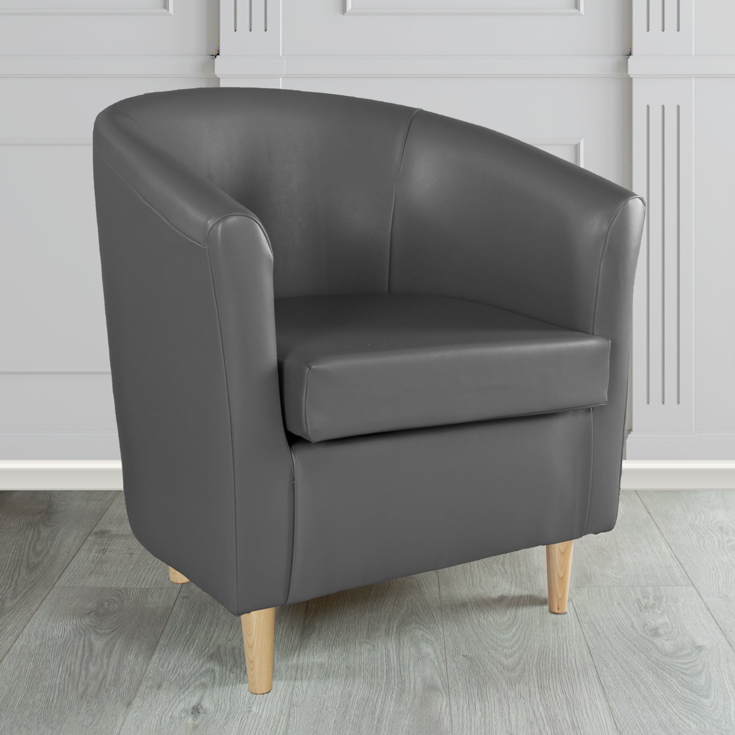 St Tropez Tub Chair in Chieftain Fabrics Just Colour Crib 5 Faux Leather with Light Wood Legs