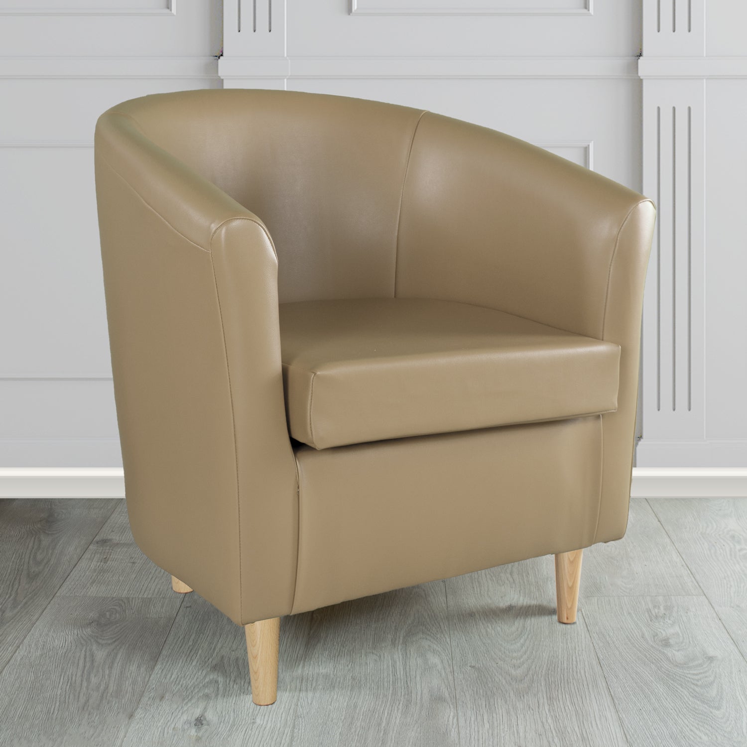St Tropez Tub Chair in Chieftain Fabrics Just Colour Crib 5 Faux Leather with Light Wood Legs