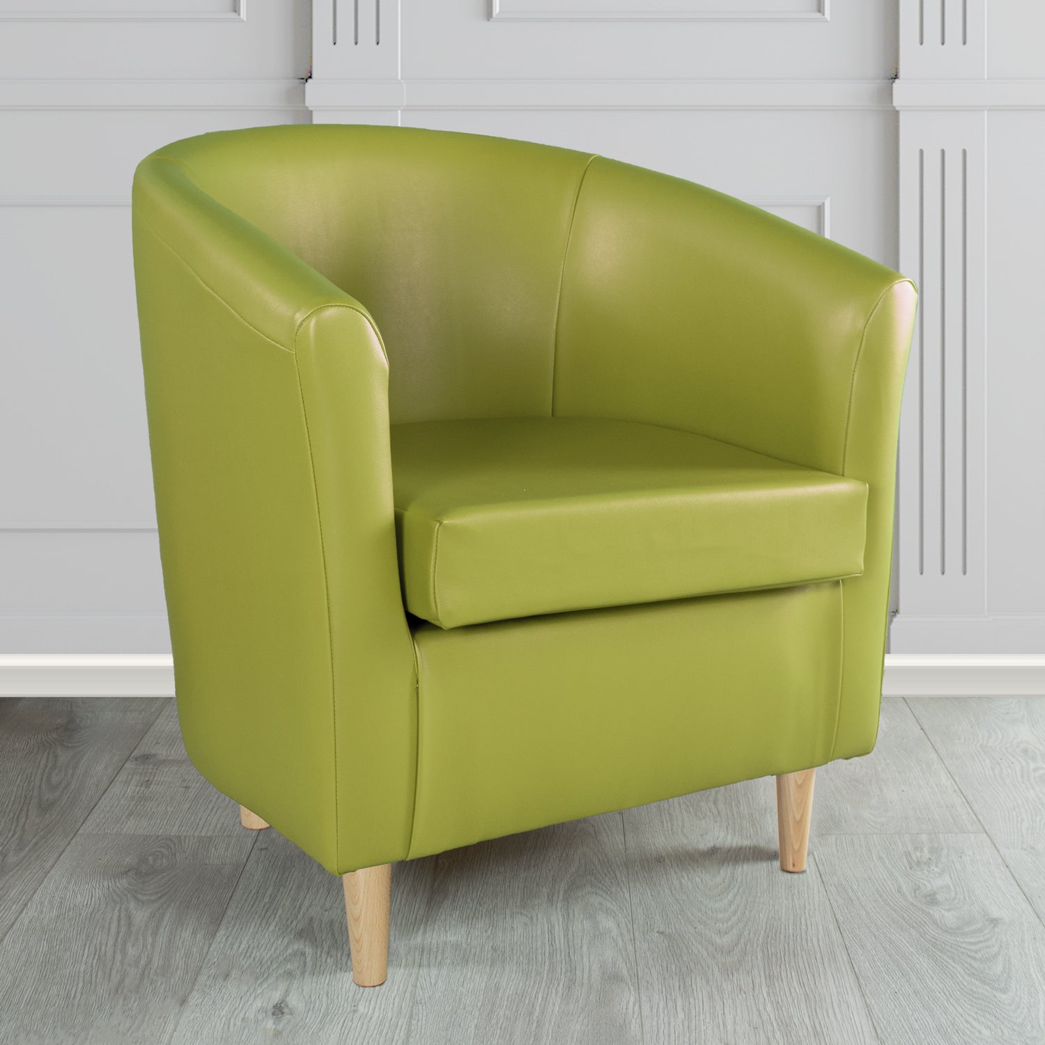 St Tropez Tub Chair in Chieftain Fabrics Just Colour Crib 5 Faux Leather with Light Wood Legs