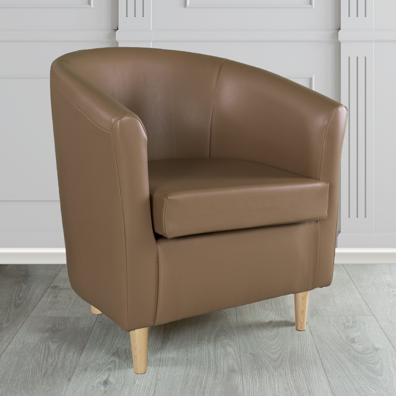 St Tropez Tub Chair in Chieftain Fabrics Just Colour Crib 5 Faux Leather with Light Wood Legs