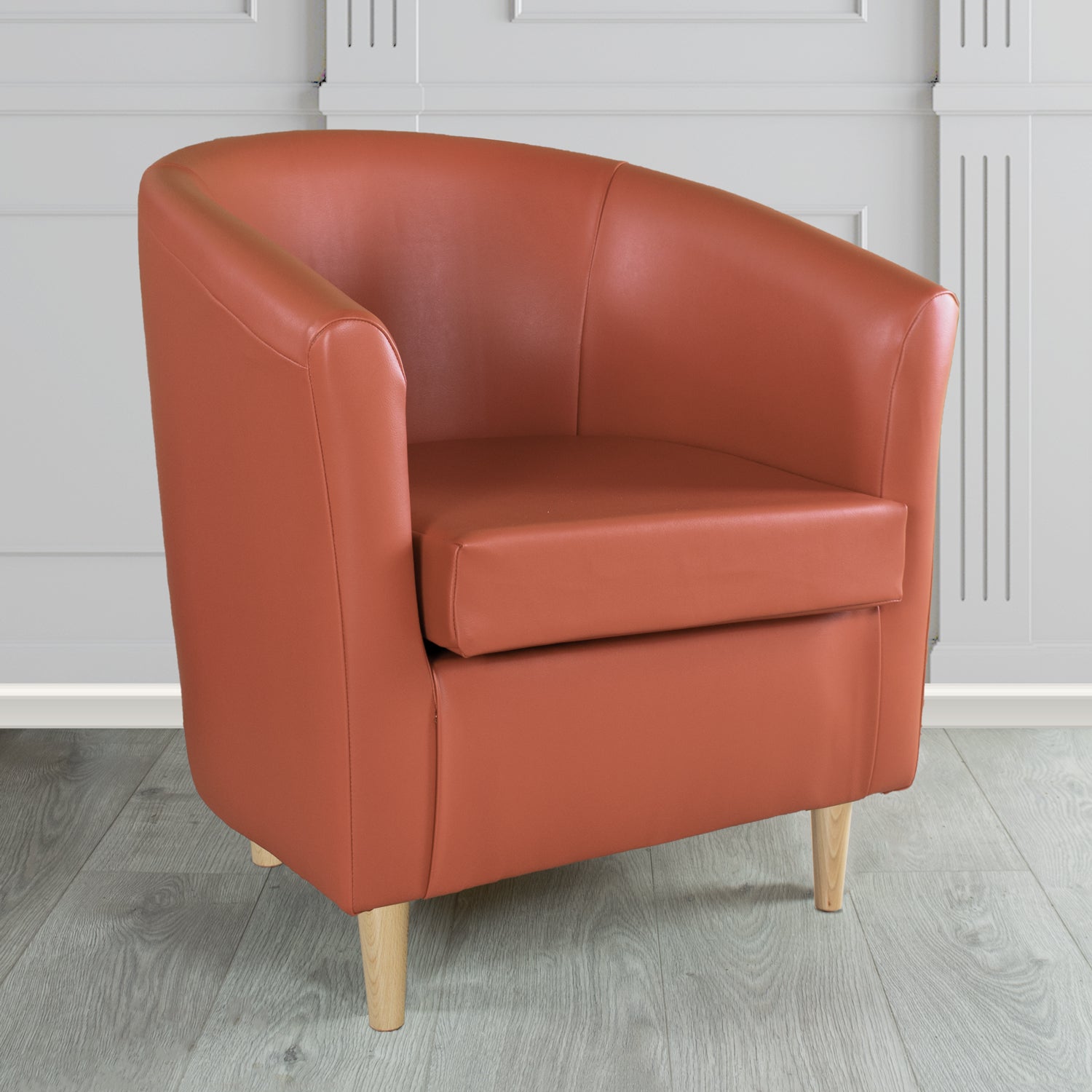 St Tropez Tub Chair in Chieftain Fabrics Just Colour Crib 5 Faux Leather with Light Wood Legs