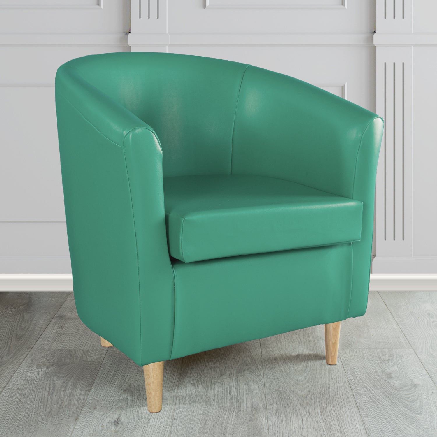 St Tropez Tub Chair in Chieftain Fabrics Just Colour Crib 5 Faux Leather with Light Wood Legs