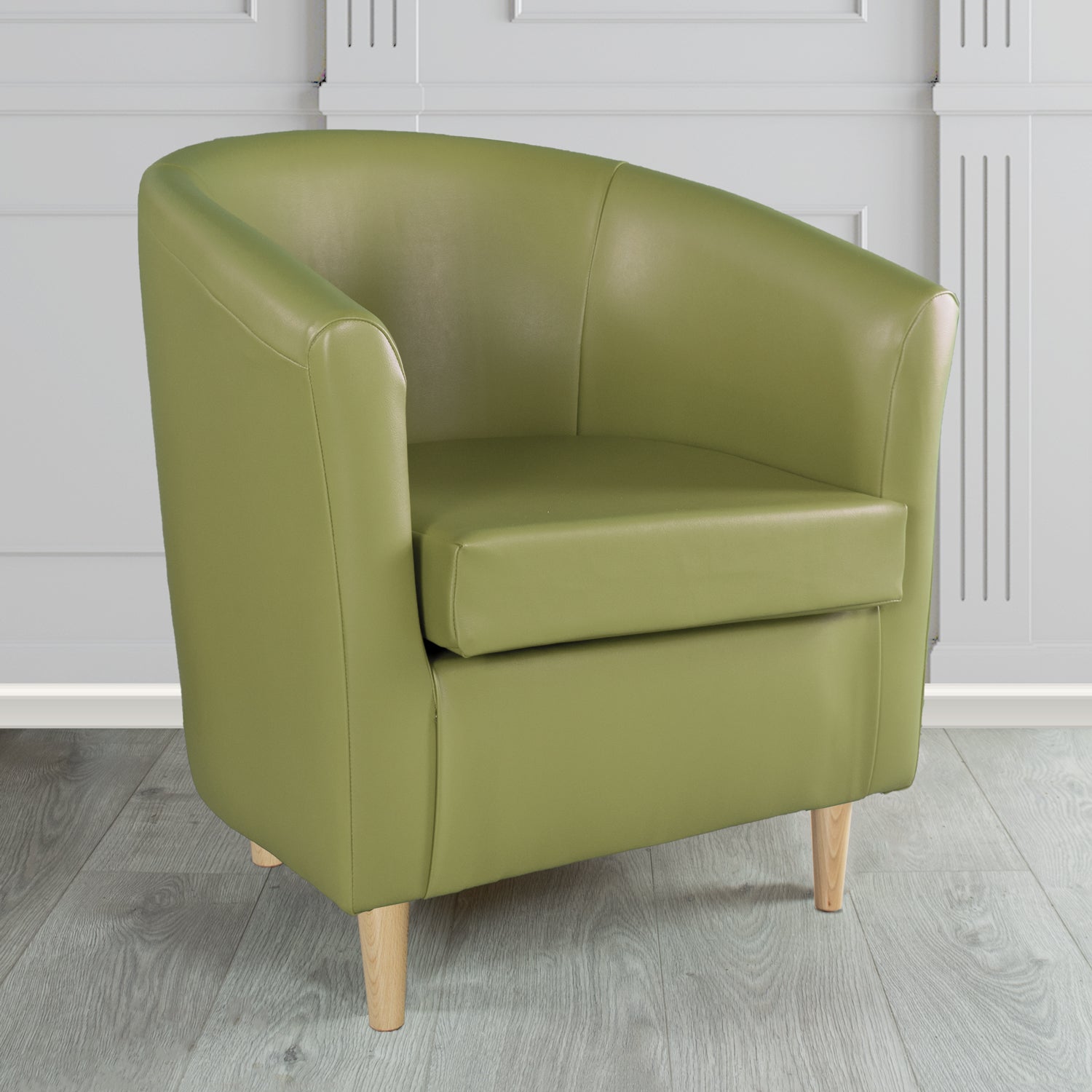 St Tropez Tub Chair in Chieftain Fabrics Just Colour Crib 5 Faux Leather with Light Wood Legs