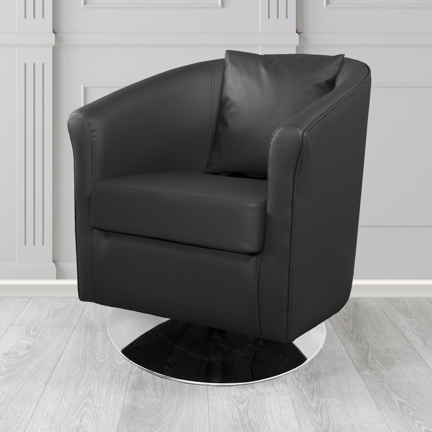 St Tropez Swivel Tub Chair with Scatter Cushion in Madrid Black Faux Leather - The Tub Chair Shop