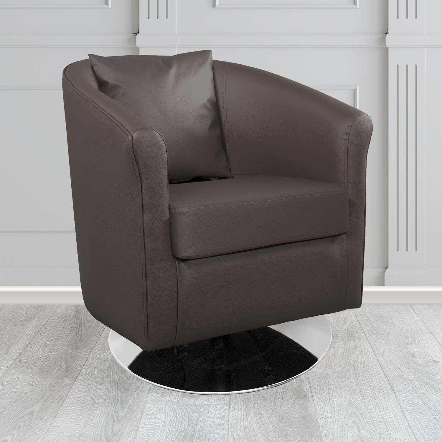 St Tropez Swivel Tub Chair with Scatter Cushion in Madrid Chocolate Faux Leather - The Tub Chair Shop