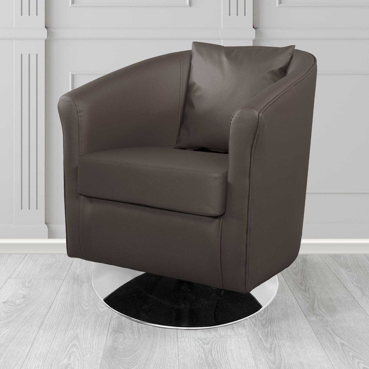 St Tropez Swivel Tub Chair with Scatter Cushion in Madrid Chocolate Faux Leather - The Tub Chair Shop