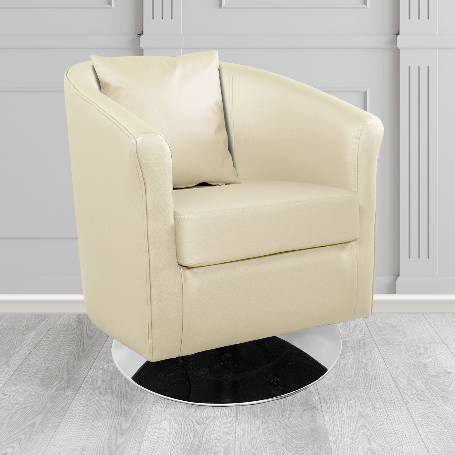 St Tropez Swivel Tub Chair with Scatter Cushion in Madrid Cream Faux Leather - The Tub Chair Shop