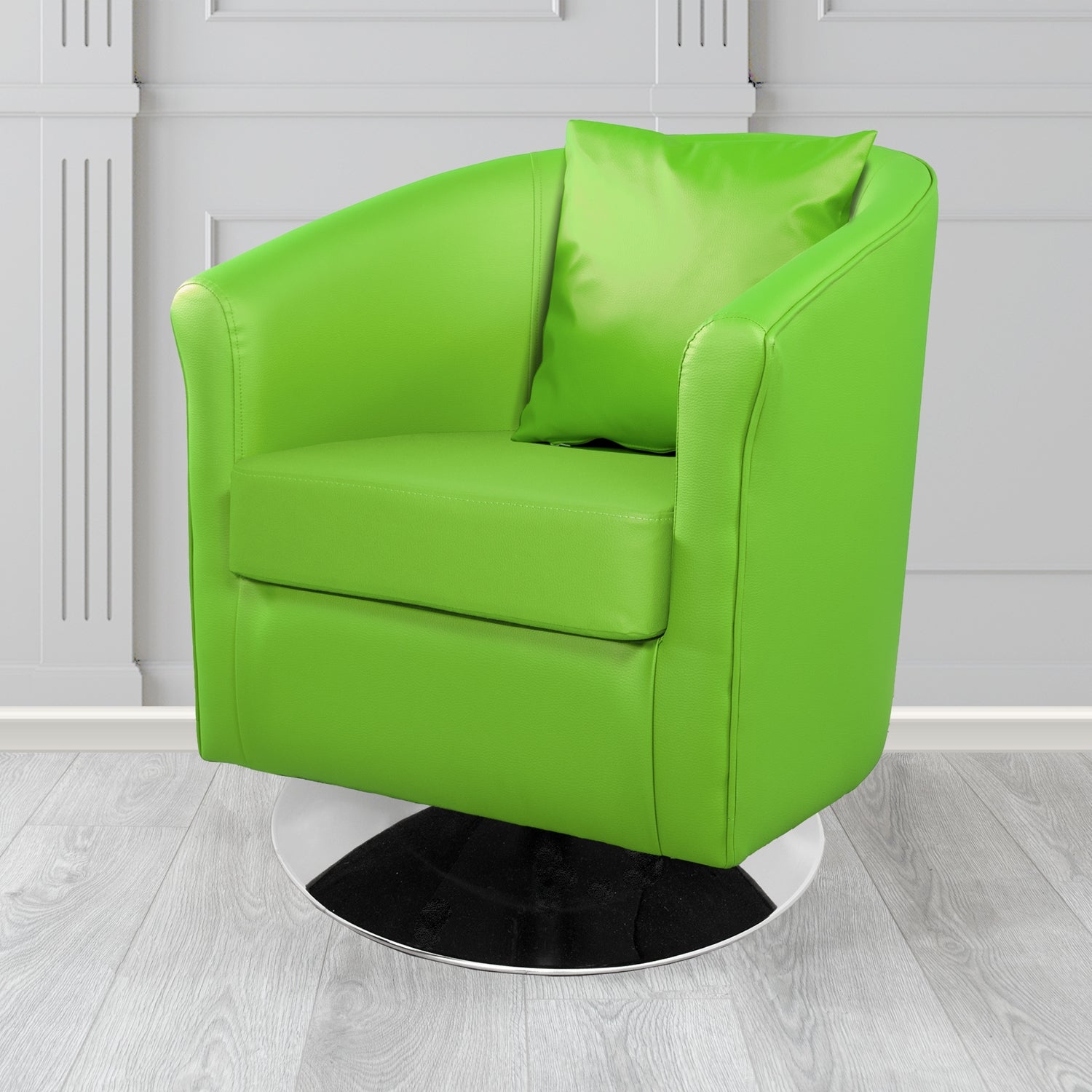 St Tropez Swivel Tub Chair with Scatter Cushion in Madrid Lime Faux Leather - The Tub Chair Shop