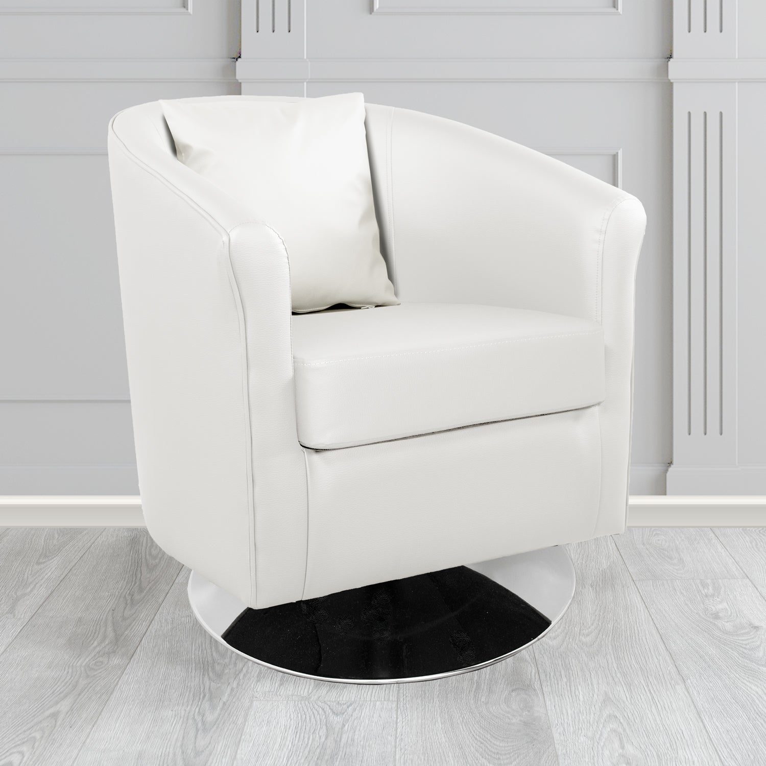 St Tropez Swivel Tub Chair with Scatter Cushion in Madrid White Faux Leather - The Tub Chair Shop