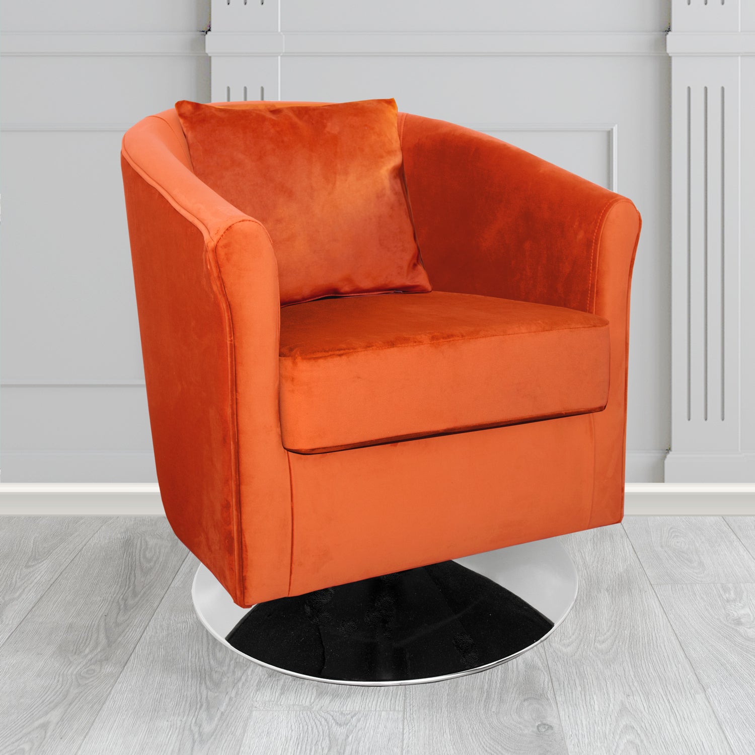 St Tropez Swivel Tub Chair in Monaco Plush Velvet Fabric with Scatter Cushion