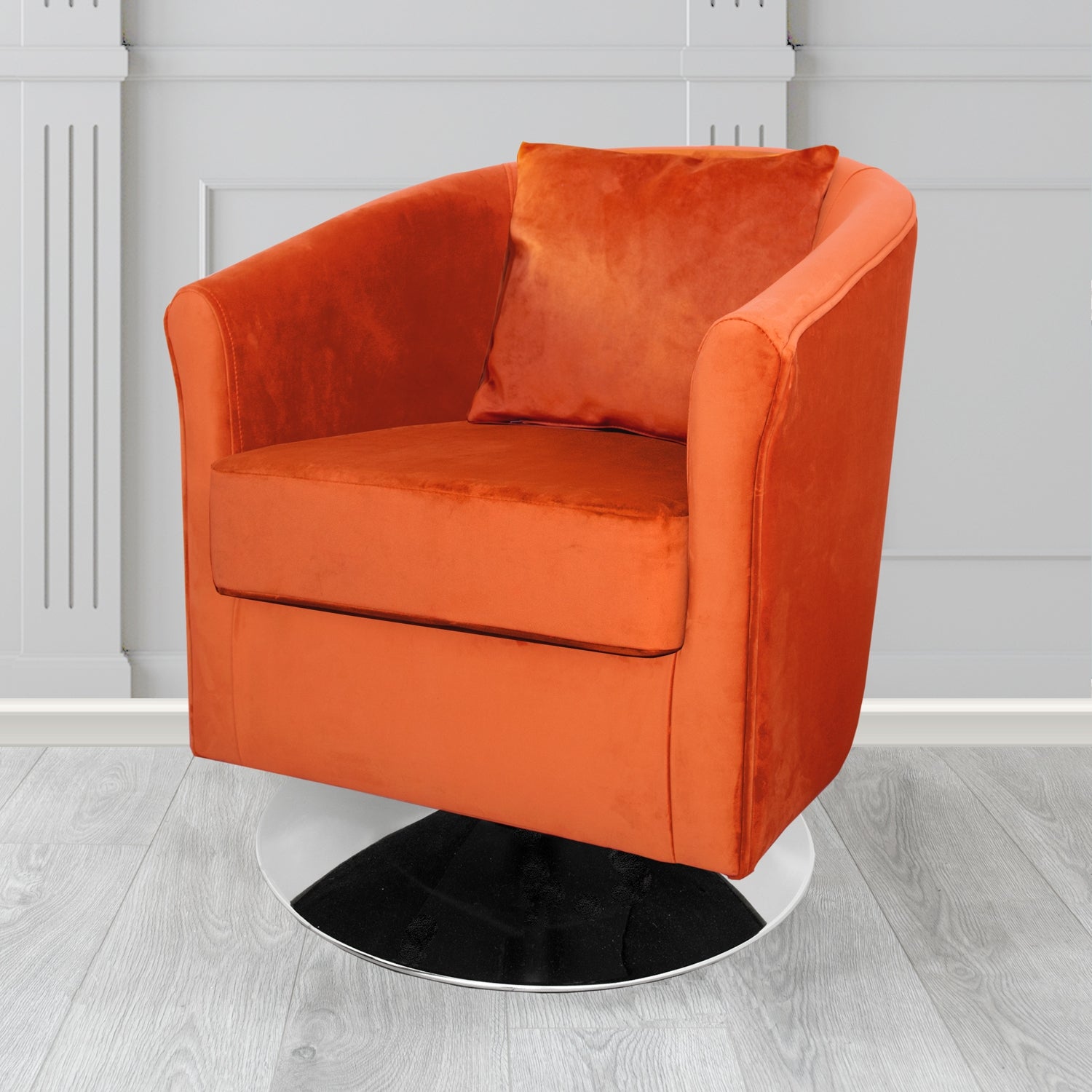 St Tropez Swivel Tub Chair in Monaco Plush Velvet Fabric with Scatter Cushion