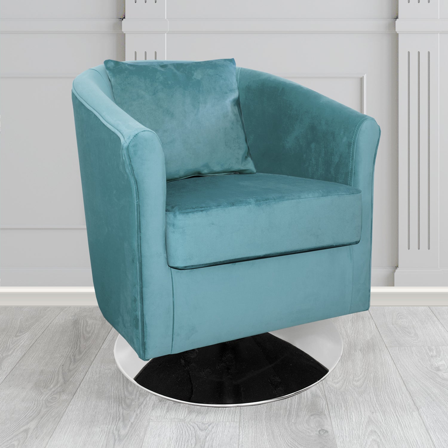 St Tropez Swivel Tub Chair in Monaco Plush Velvet Fabric with Scatter Cushion