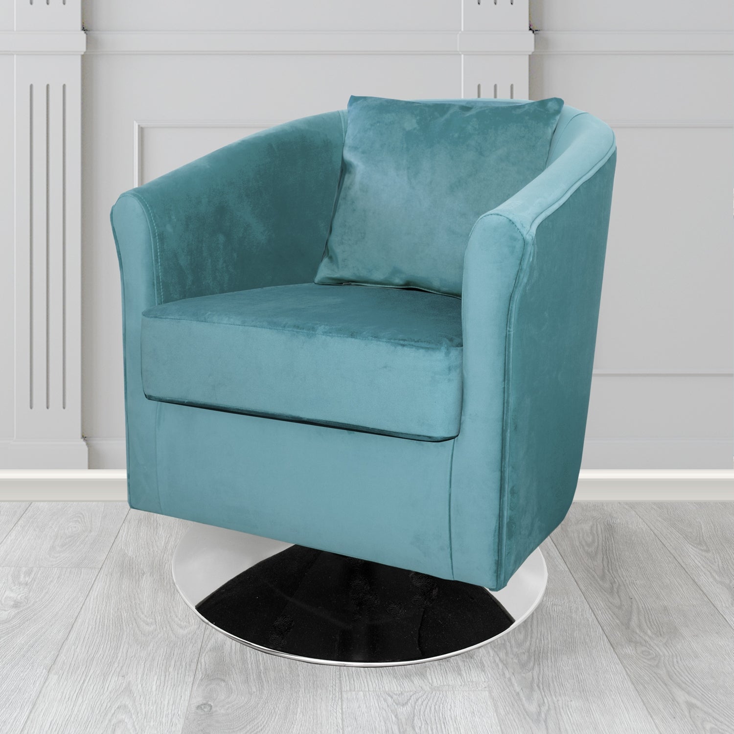 St Tropez Swivel Tub Chair in Monaco Plush Velvet Fabric with Scatter Cushion