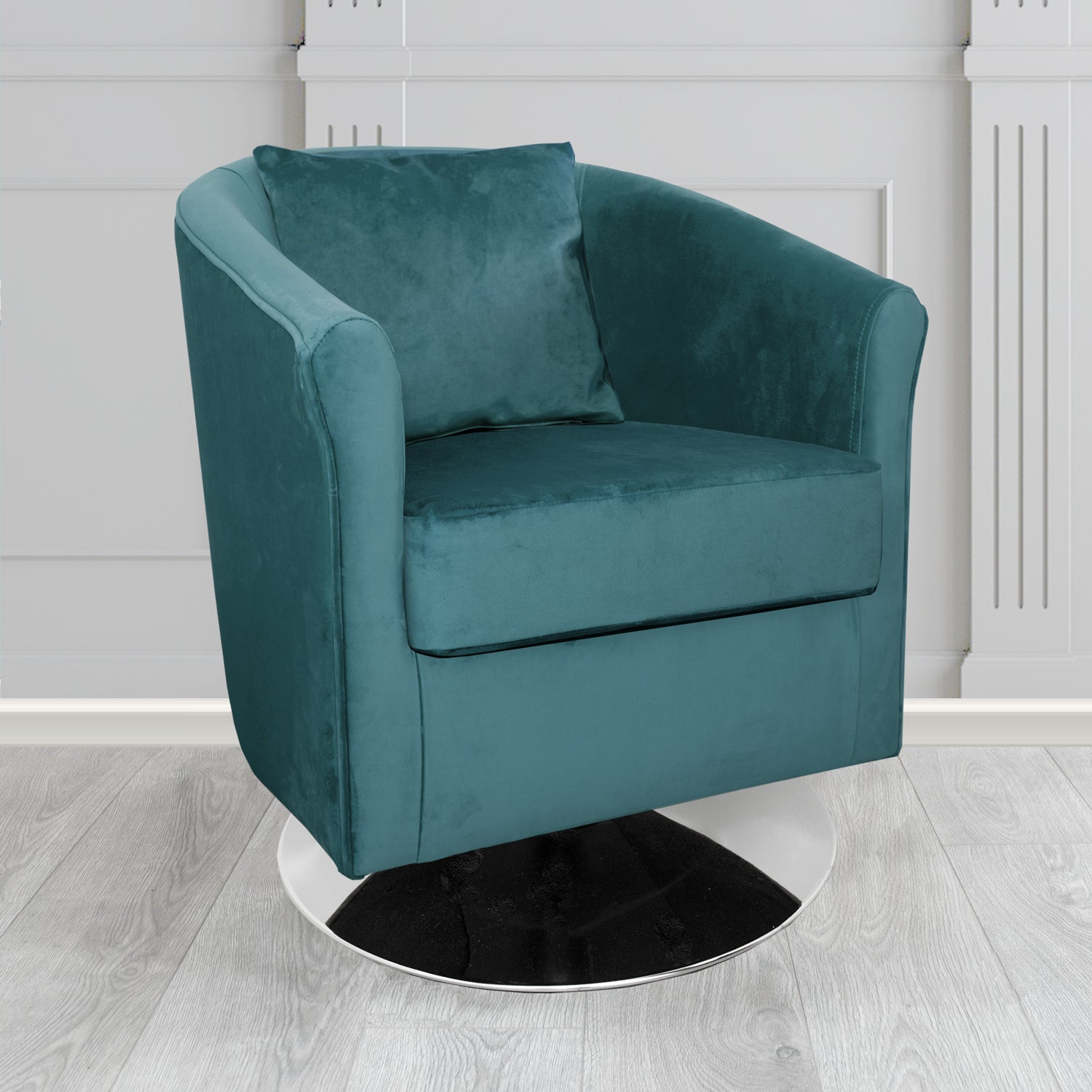 St Tropez Swivel Tub Chair in Monaco Plush Velvet Fabric with Scatter Cushion