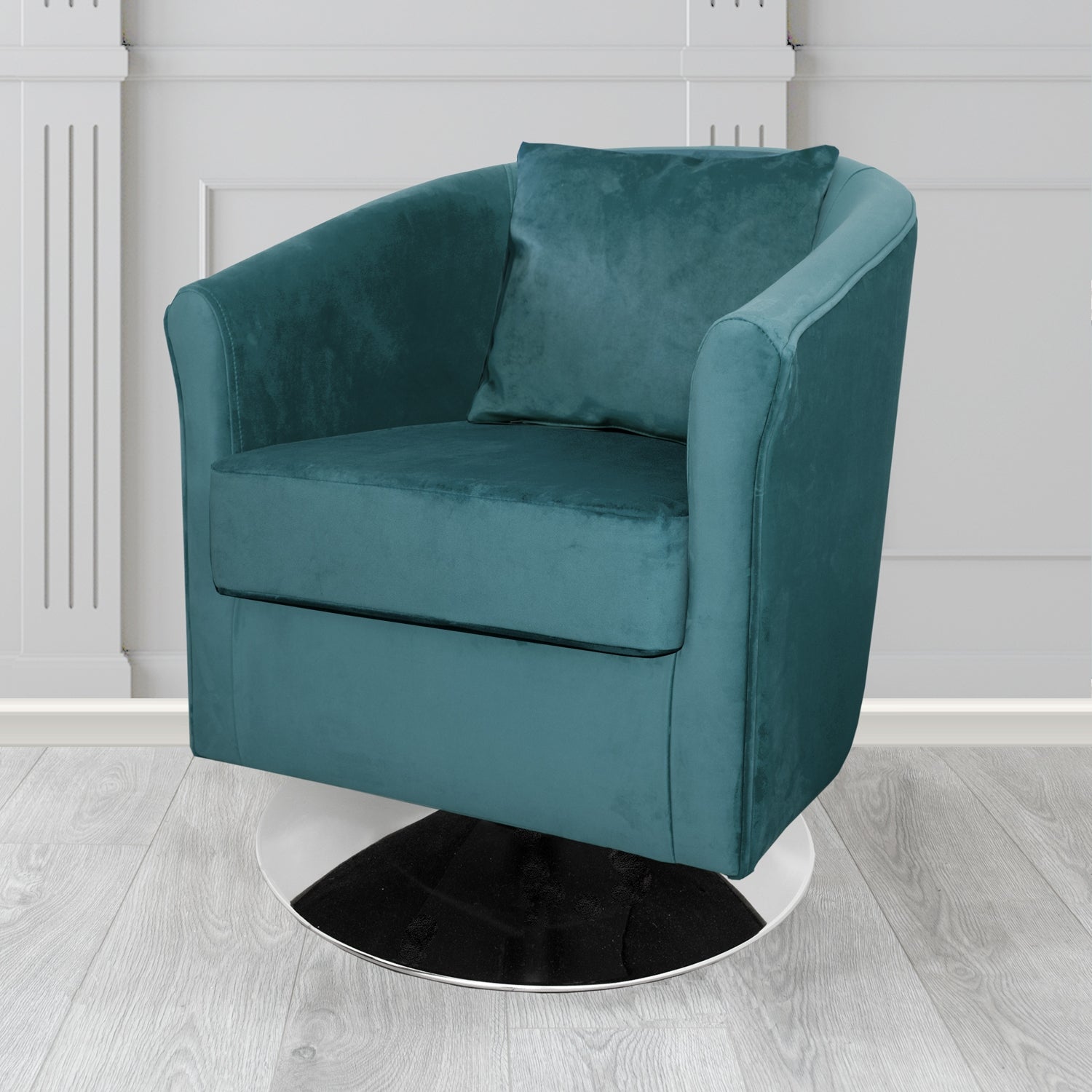 St Tropez Swivel Tub Chair in Monaco Plush Velvet Fabric with Scatter Cushion