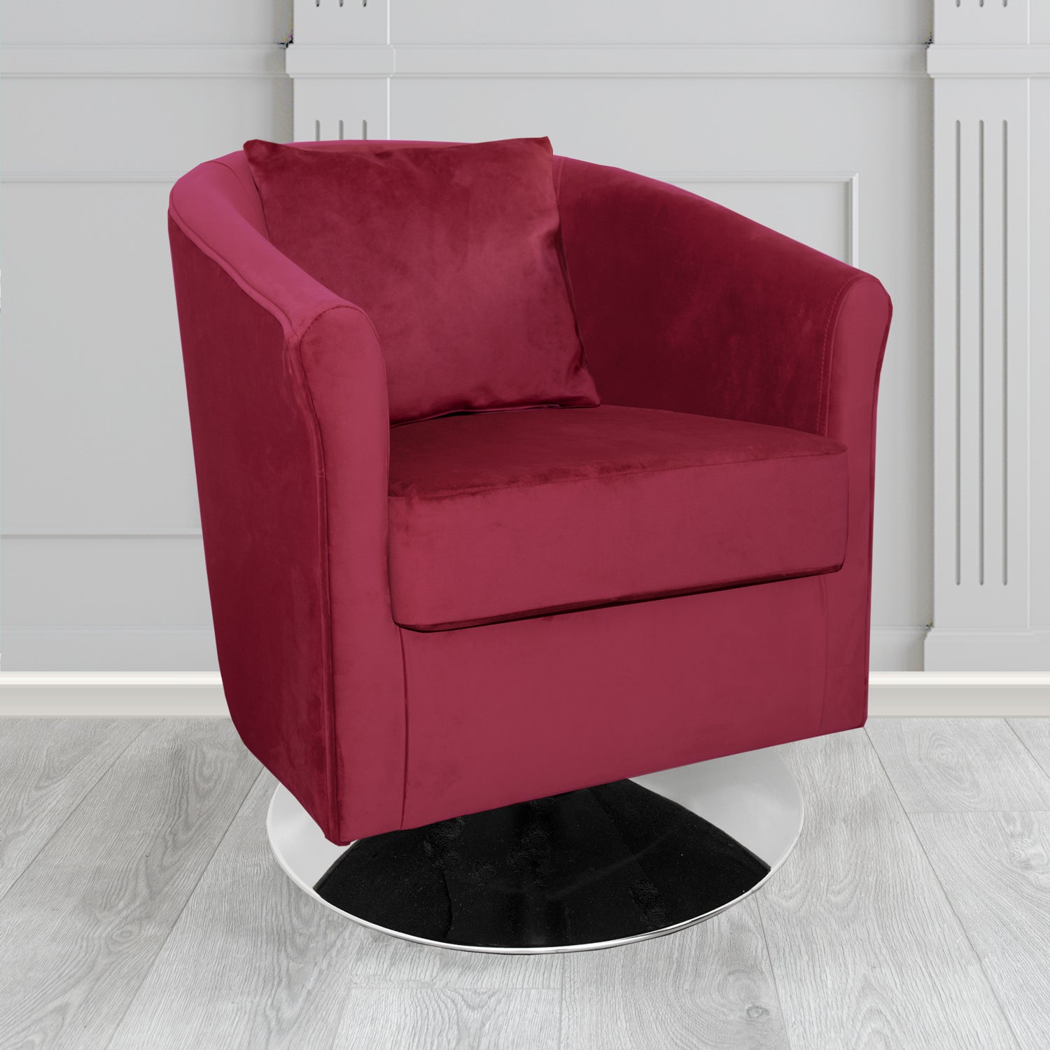 St Tropez Swivel Tub Chair in Monaco Plush Velvet Fabric with Scatter Cushion