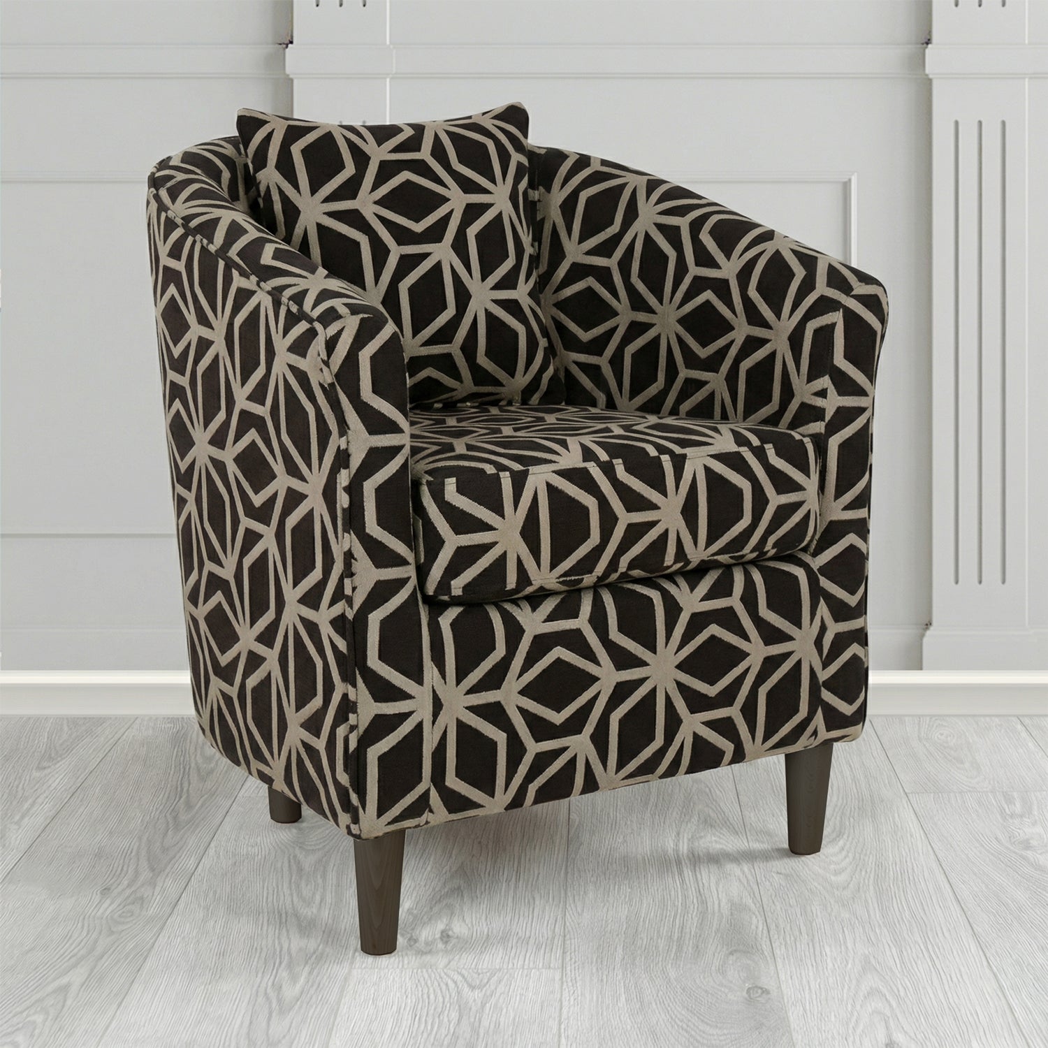St Tropez Tub Chair in Panaz Fabrics Lexington Corinthia Geometric Crib 5 Velvet Fabric with Scatter Cushion