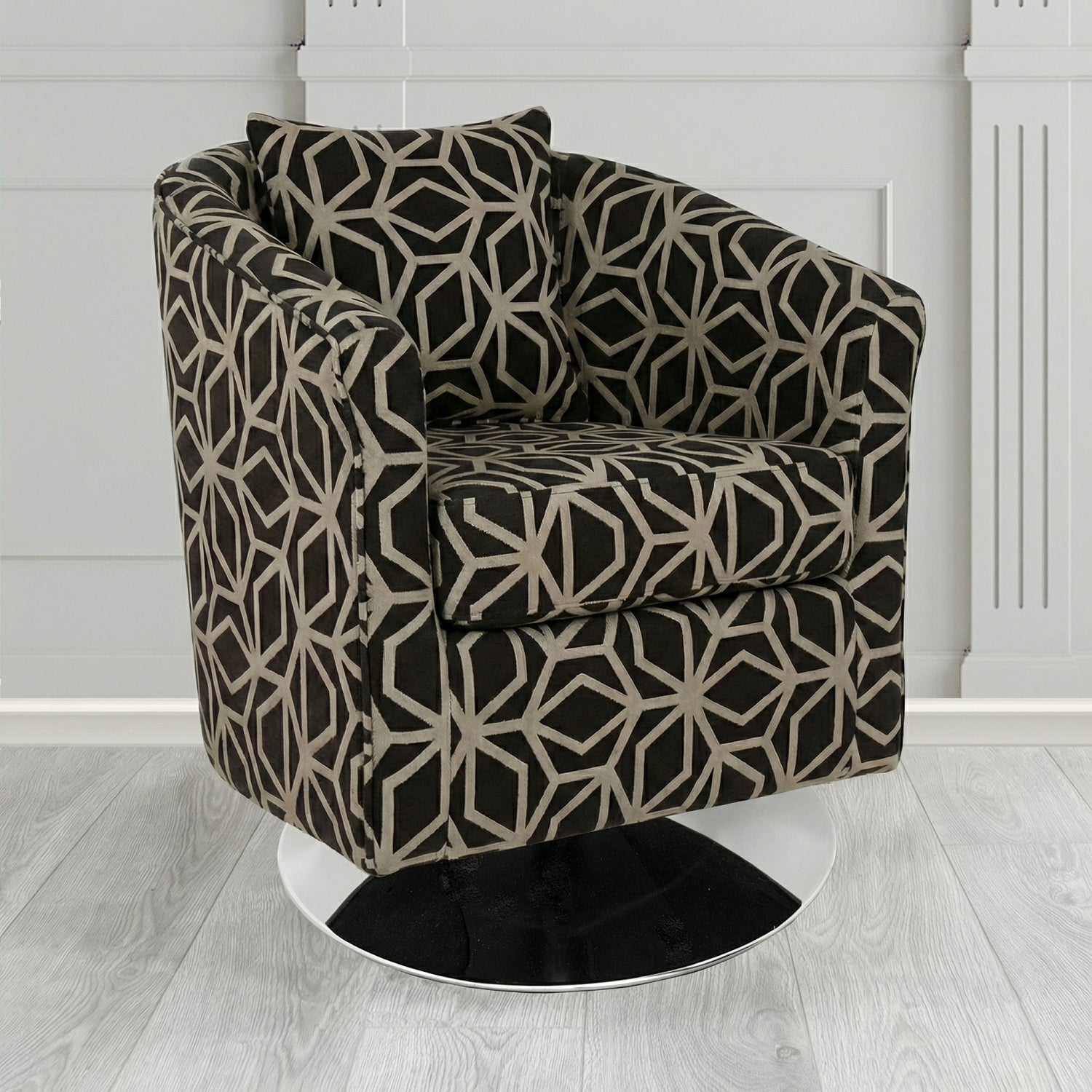 St Tropez Swivel Tub Chair in Panaz Fabrics Lexington Corinthia Geometric Crib 5 Velvet Fabric with Scatter Cushion