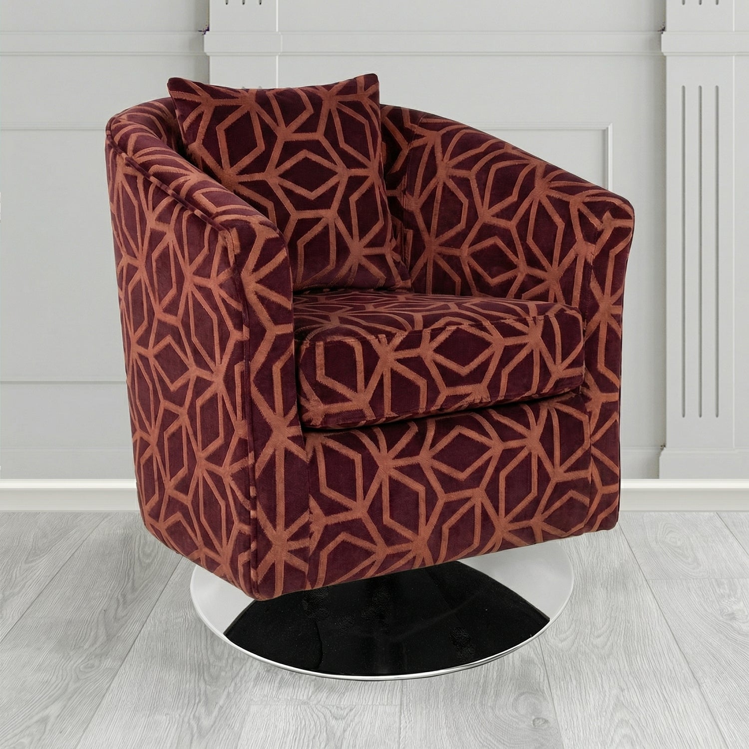 St Tropez Swivel Tub Chair in Panaz Fabrics Lexington Corinthia Geometric Crib 5 Velvet Fabric with Scatter Cushion