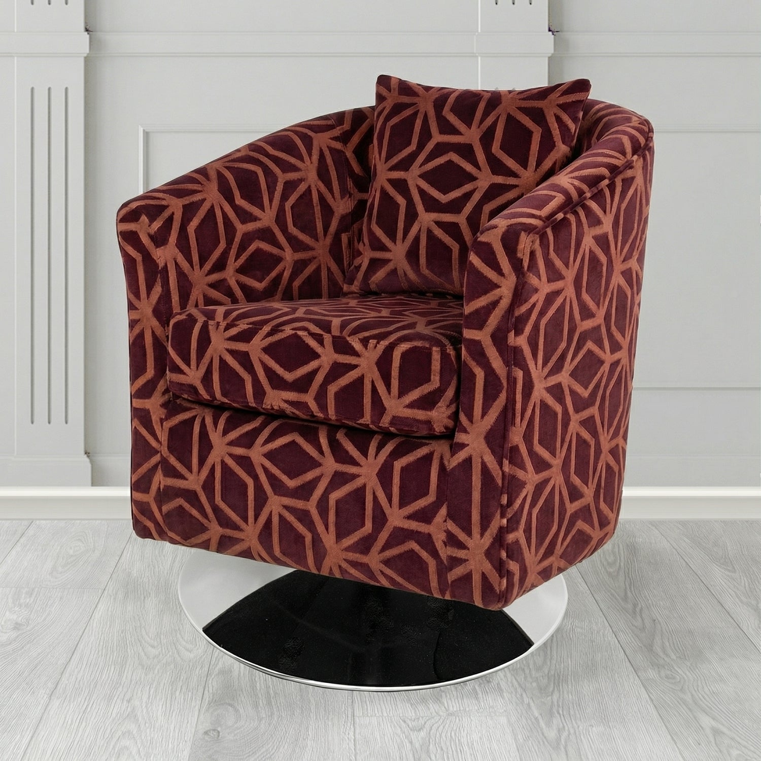 St Tropez Swivel Tub Chair in Panaz Fabrics Lexington Corinthia Geometric Crib 5 Velvet Fabric with Scatter Cushion