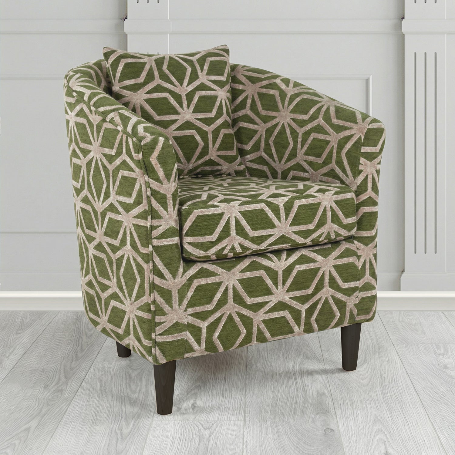 St Tropez Tub Chair in Panaz Fabrics Lexington Corinthia Geometric Crib 5 Velvet Fabric with Scatter Cushion