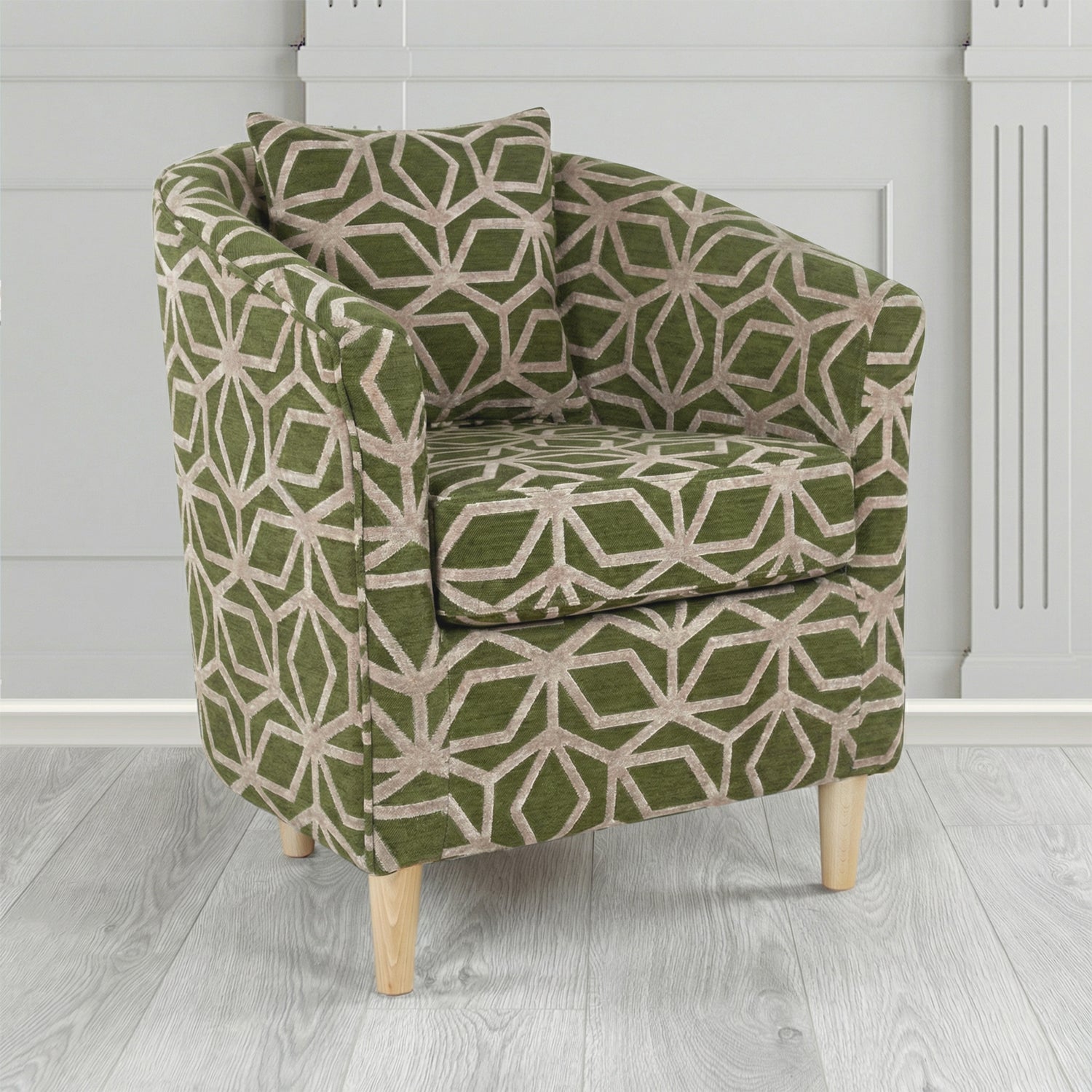 St Tropez Tub Chair in Panaz Fabrics Lexington Corinthia Geometric Crib 5 Velvet Fabric with Scatter Cushion