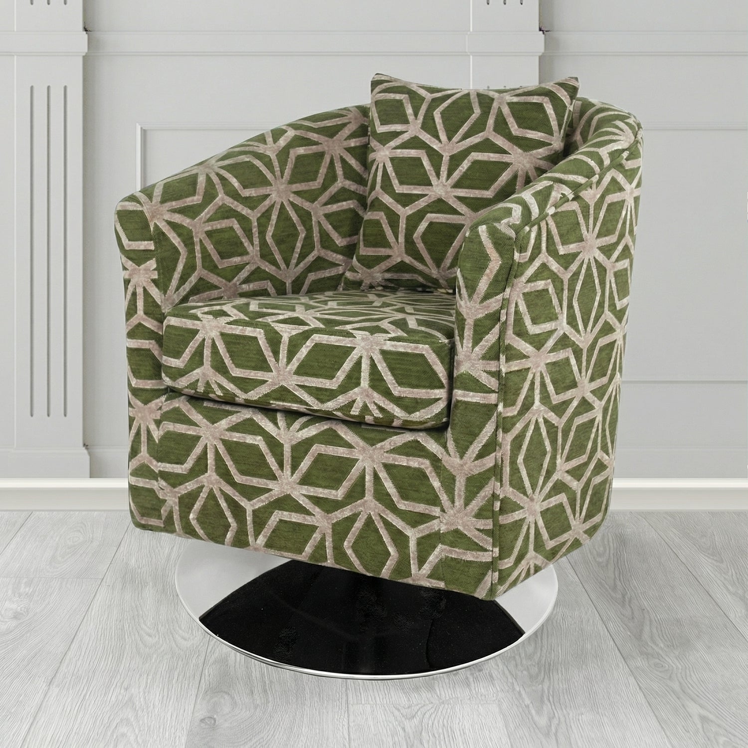 St Tropez Swivel Tub Chair in Panaz Fabrics Lexington Corinthia Geometric Crib 5 Velvet Fabric with Scatter Cushion