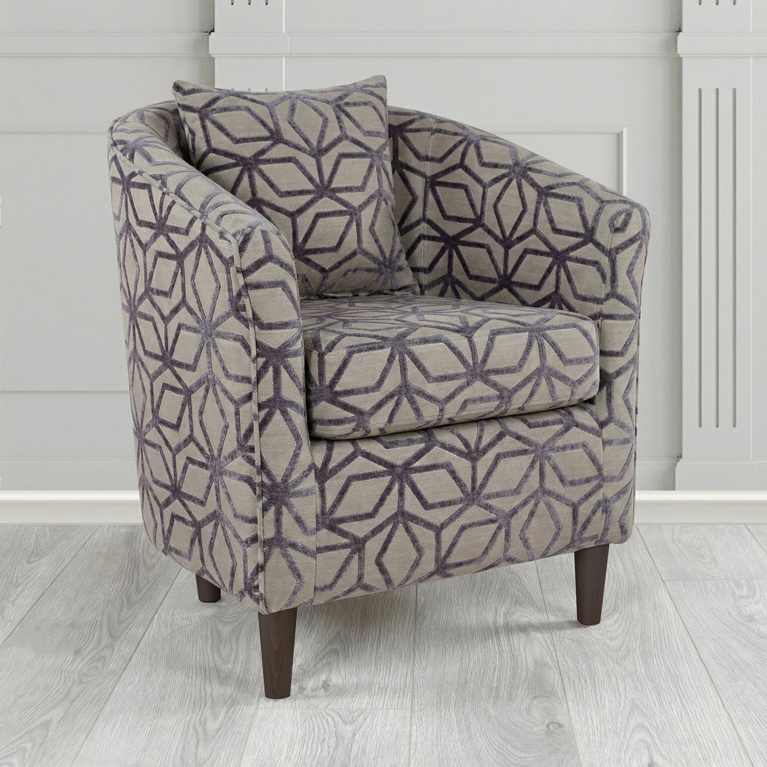St Tropez Tub Chair in Panaz Fabrics Lexington Corinthia Geometric Crib 5 Velvet Fabric with Scatter Cushion