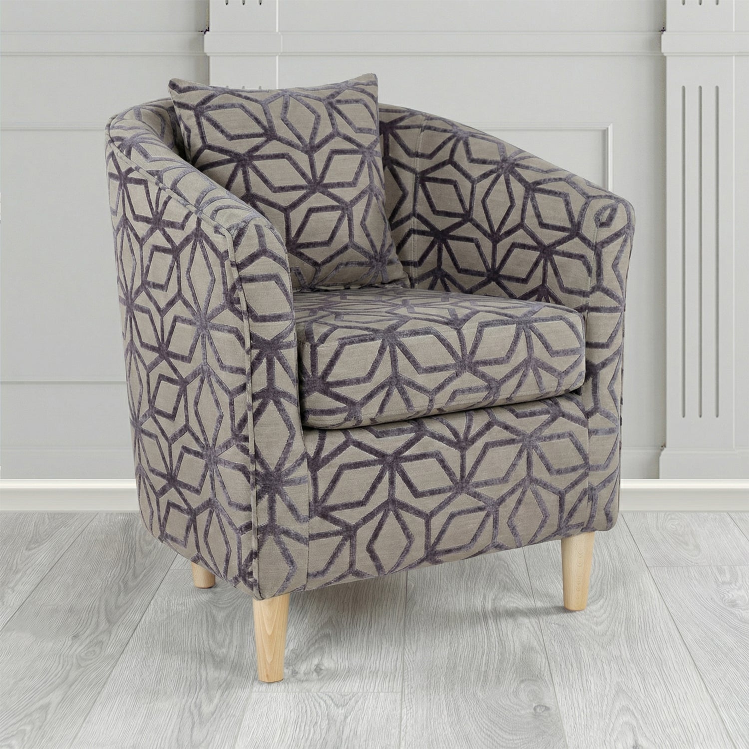 St Tropez Tub Chair in Panaz Fabrics Lexington Corinthia Geometric Crib 5 Velvet Fabric with Scatter Cushion