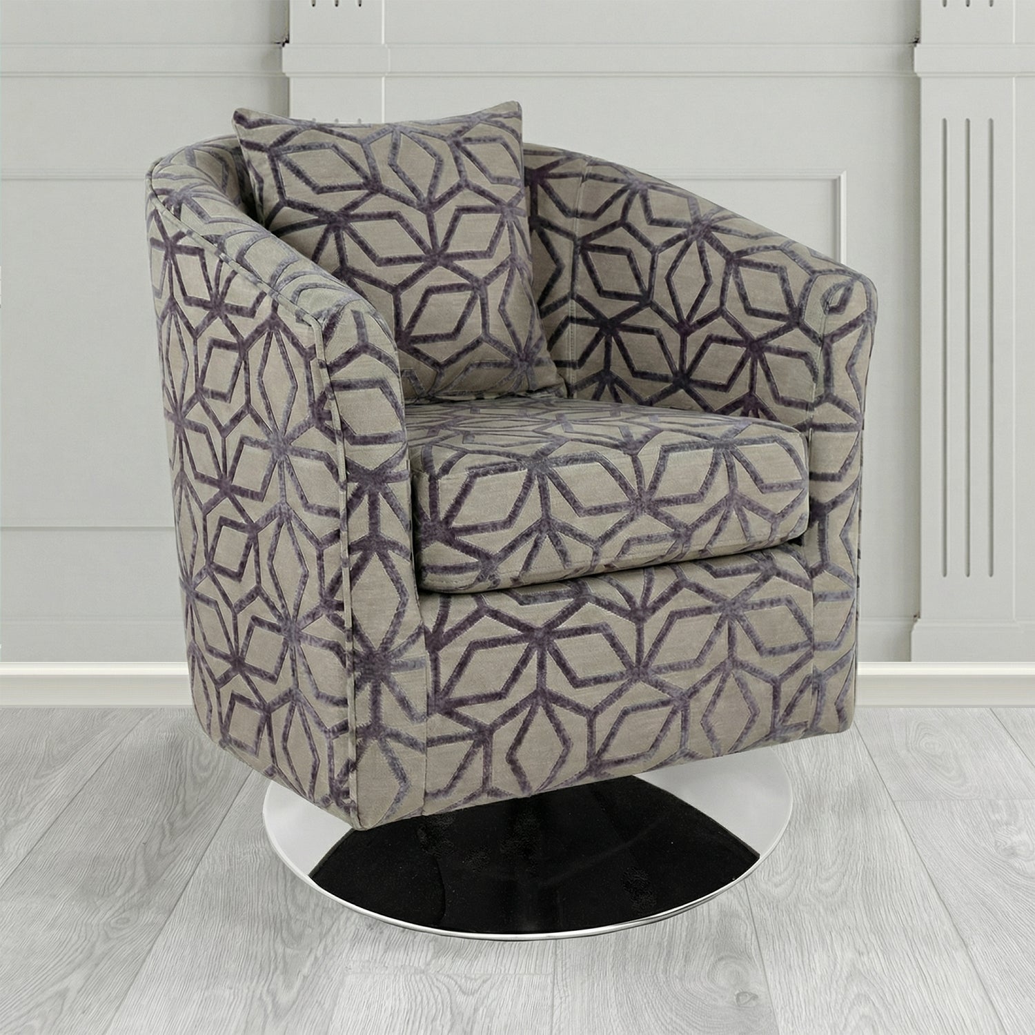 St Tropez Swivel Tub Chair in Panaz Fabrics Lexington Corinthia Geometric Crib 5 Velvet Fabric with Scatter Cushion