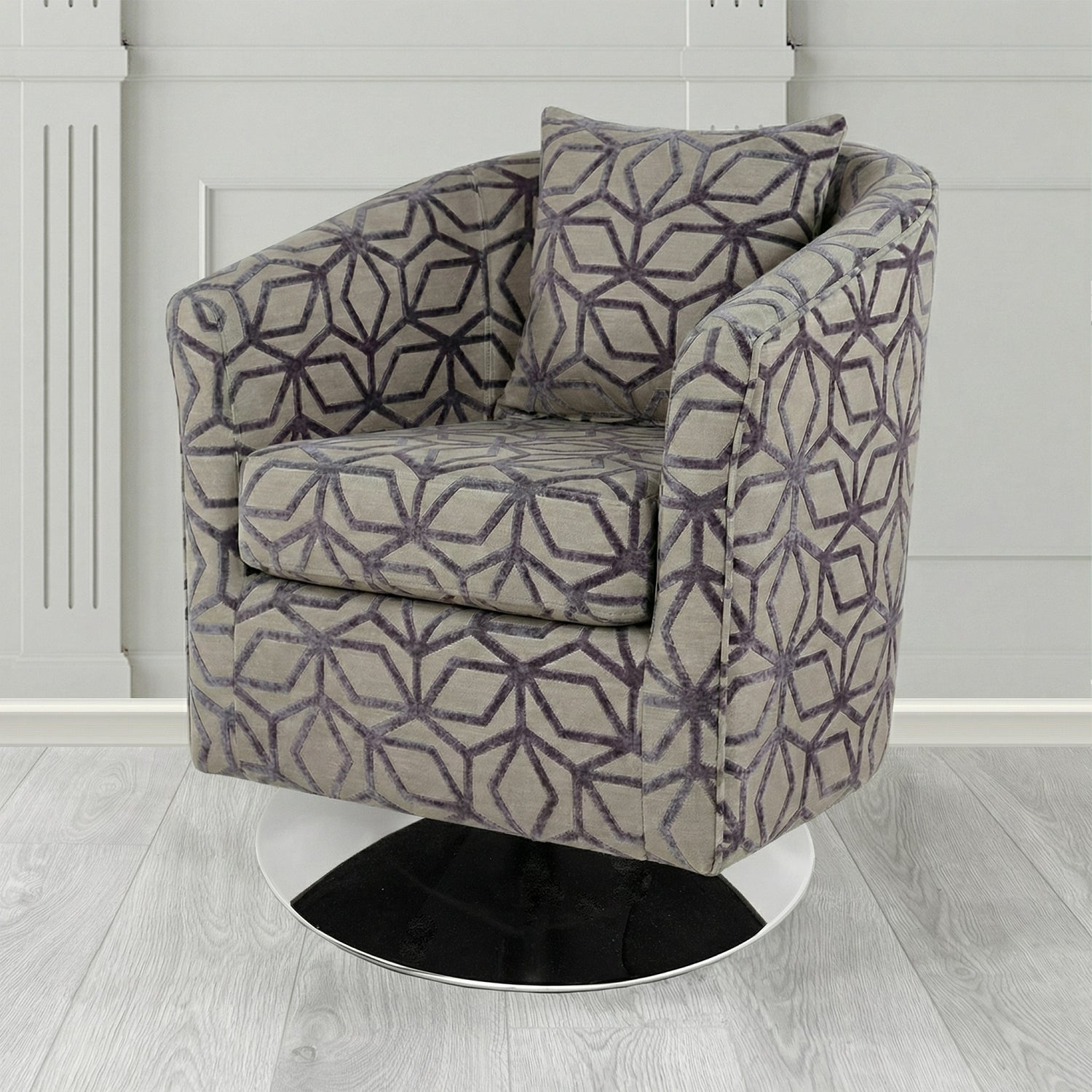 St Tropez Swivel Tub Chair in Panaz Fabrics Lexington Corinthia Geometric Crib 5 Velvet Fabric with Scatter Cushion