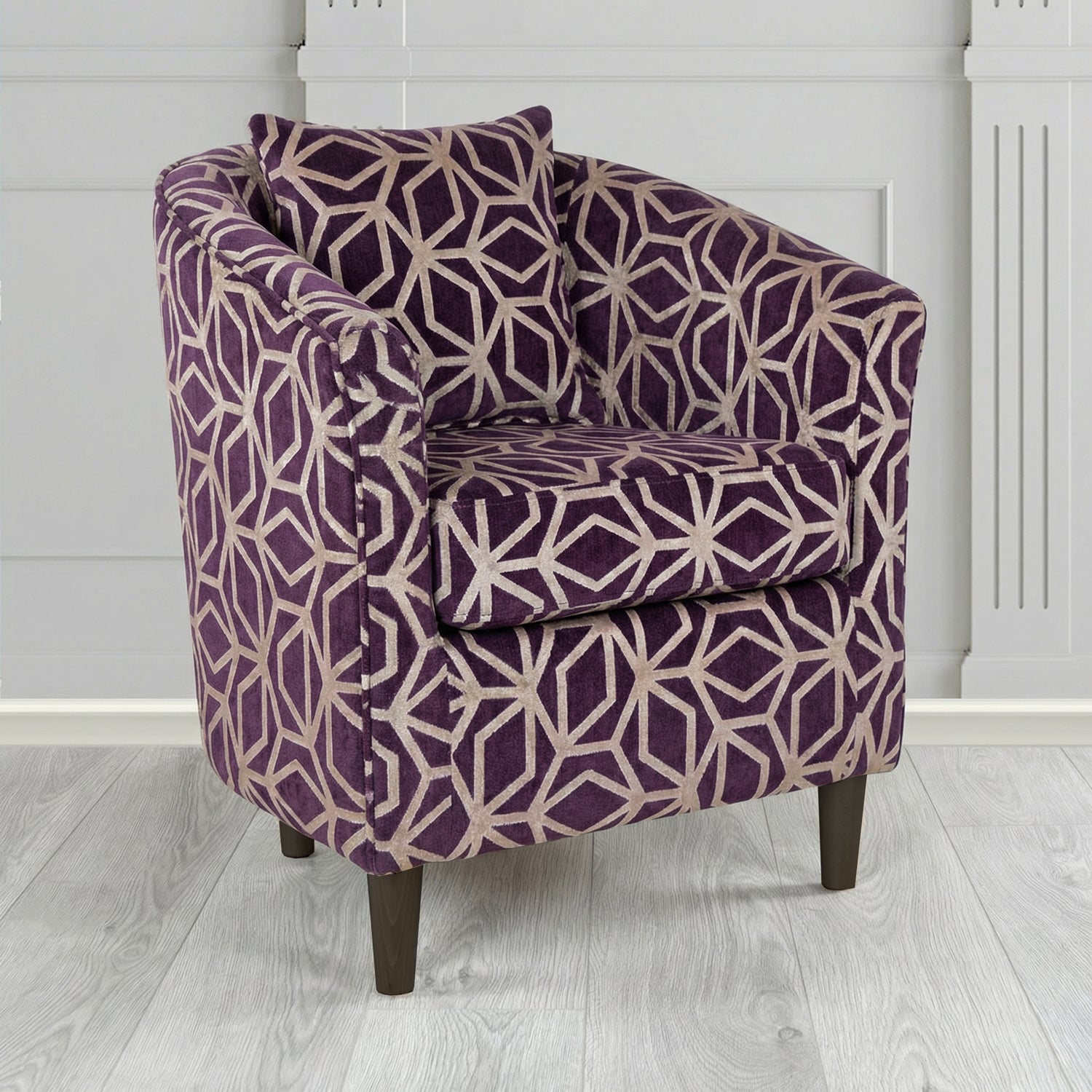 St Tropez Tub Chair in Panaz Fabrics Lexington Corinthia Geometric Crib 5 Velvet Fabric with Scatter Cushion