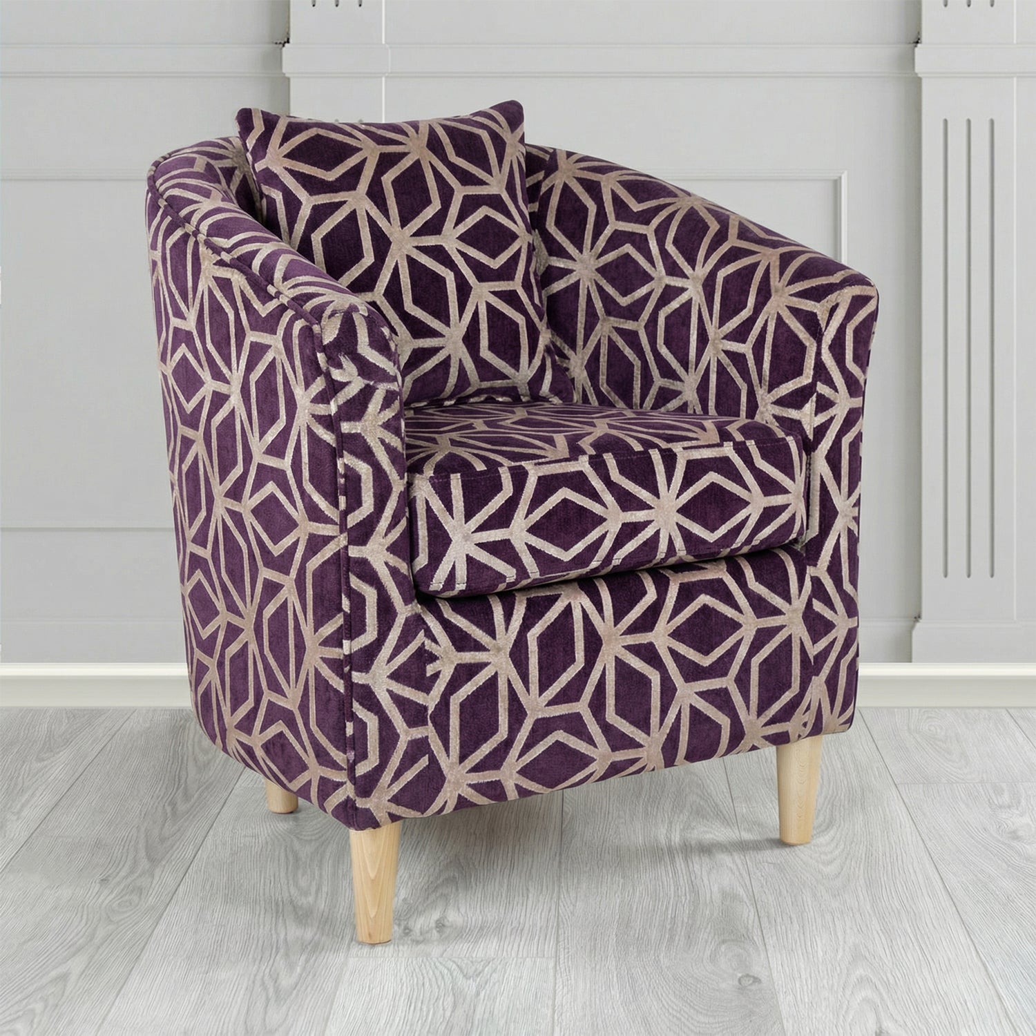 St Tropez Tub Chair in Panaz Fabrics Lexington Corinthia Geometric Crib 5 Velvet Fabric with Scatter Cushion