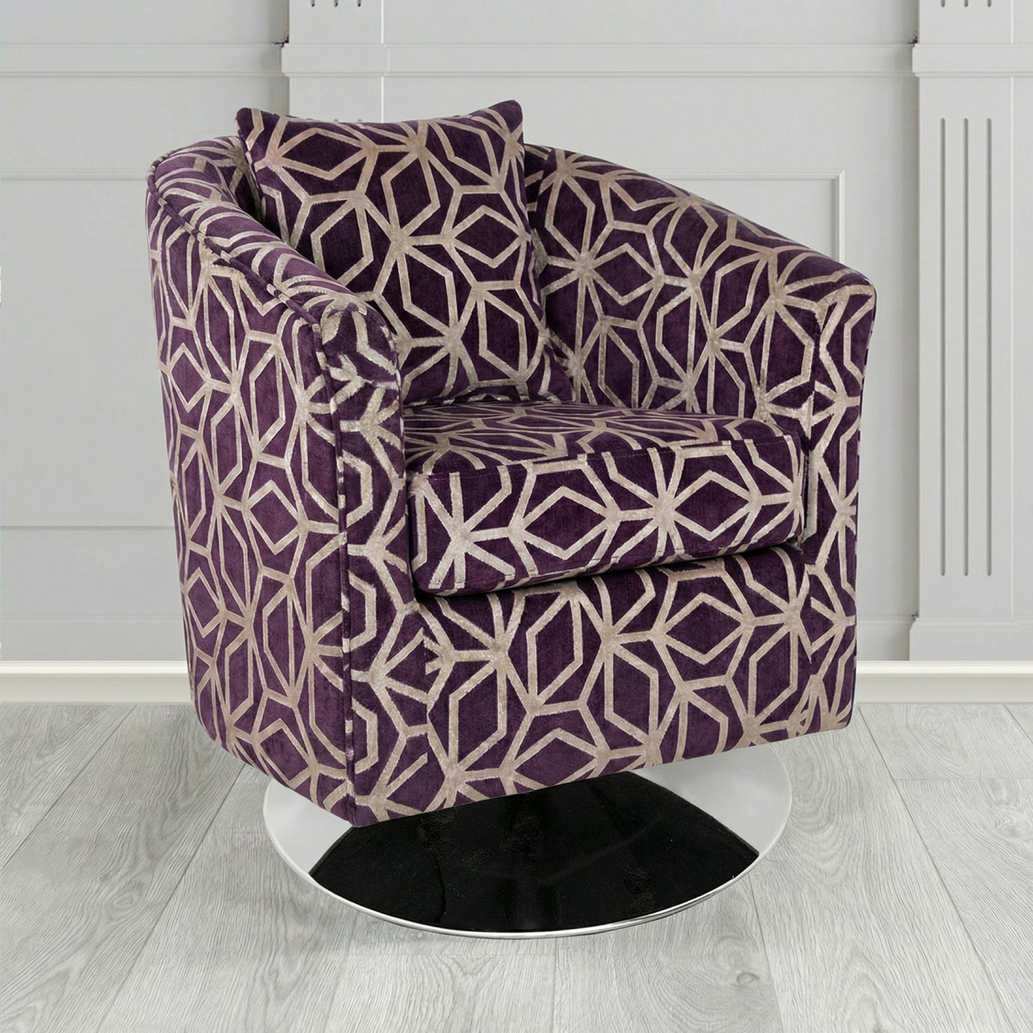 St Tropez Swivel Tub Chair in Panaz Fabrics Lexington Corinthia Geometric Crib 5 Velvet Fabric with Scatter Cushion