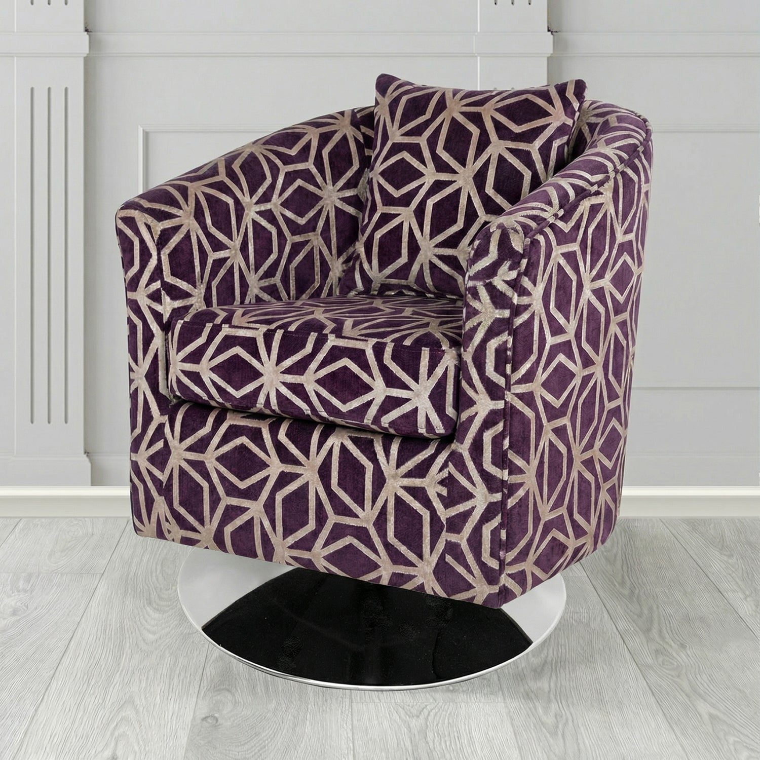 St Tropez Swivel Tub Chair in Panaz Fabrics Lexington Corinthia Geometric Crib 5 Velvet Fabric with Scatter Cushion