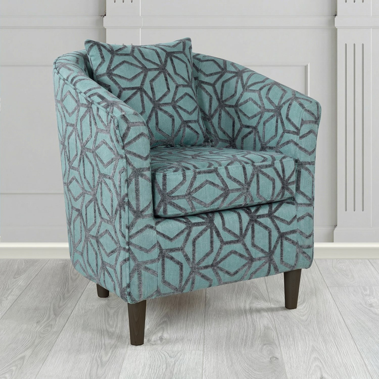 St Tropez Tub Chair in Panaz Fabrics Lexington Corinthia Geometric Crib 5 Velvet Fabric with Scatter Cushion